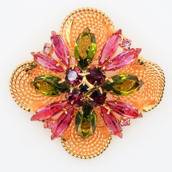 Vintage Flower Brooch Pink, Green, and Purple Rhinestones Gold Tone Rope Circles - Picture 1 of 3